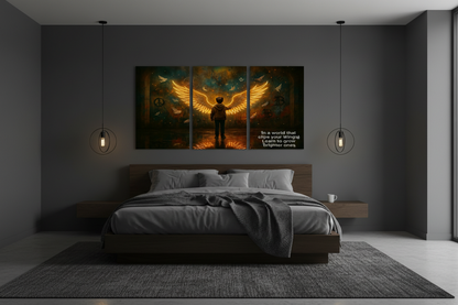 A three-panel canvas wall art print depicting a silhouetted figure with glowing golden wings in a dark room, displayed above a bed in a modern gray bedroom - Portugal Canvas Co
