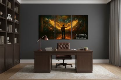 A three-panel canvas wall art set depicting a winged angel figure with a glowing halo and a person in silhouette, displayed above a dark wood desk in a modern home office setting - Portugal Canvas Co