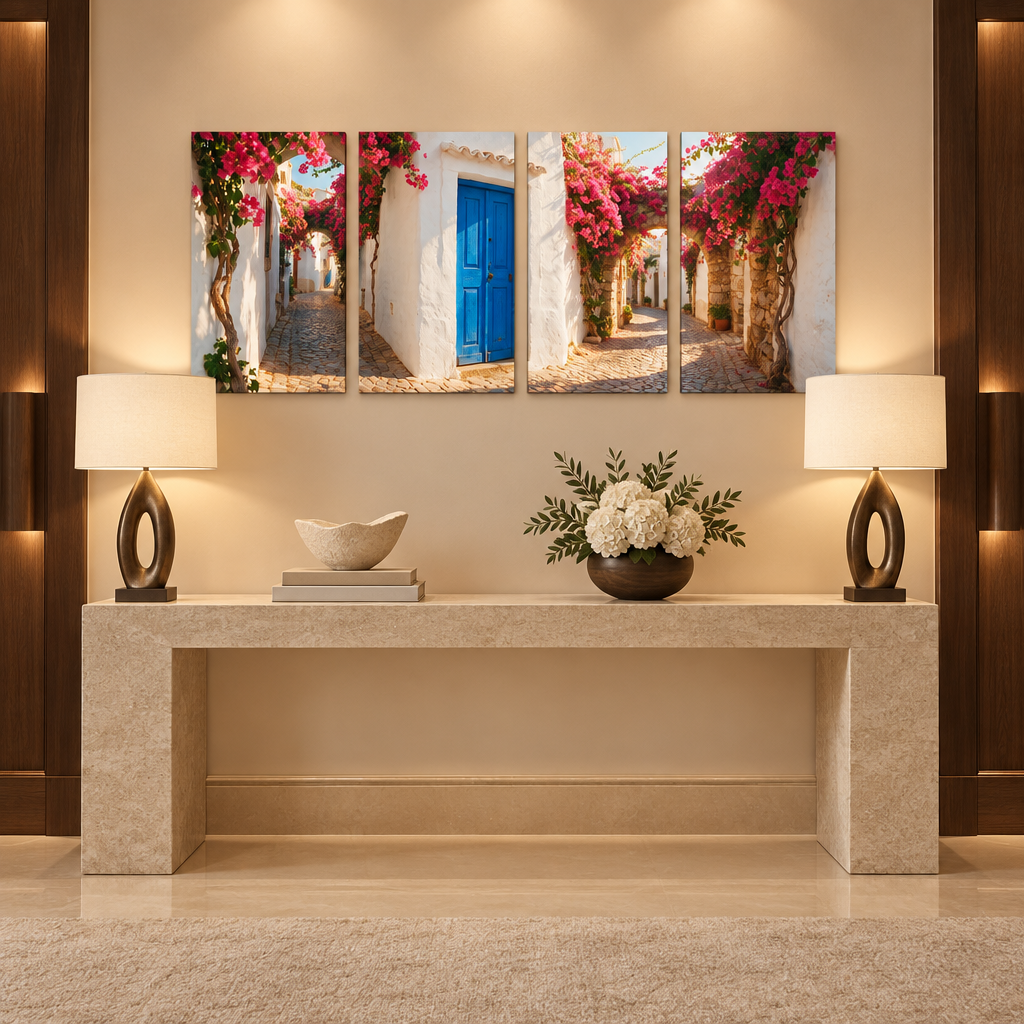 Albufeira Old Town bougainvillea four-panel canvas set above a stone console in an ivory entryway - Portugal Canvas Co