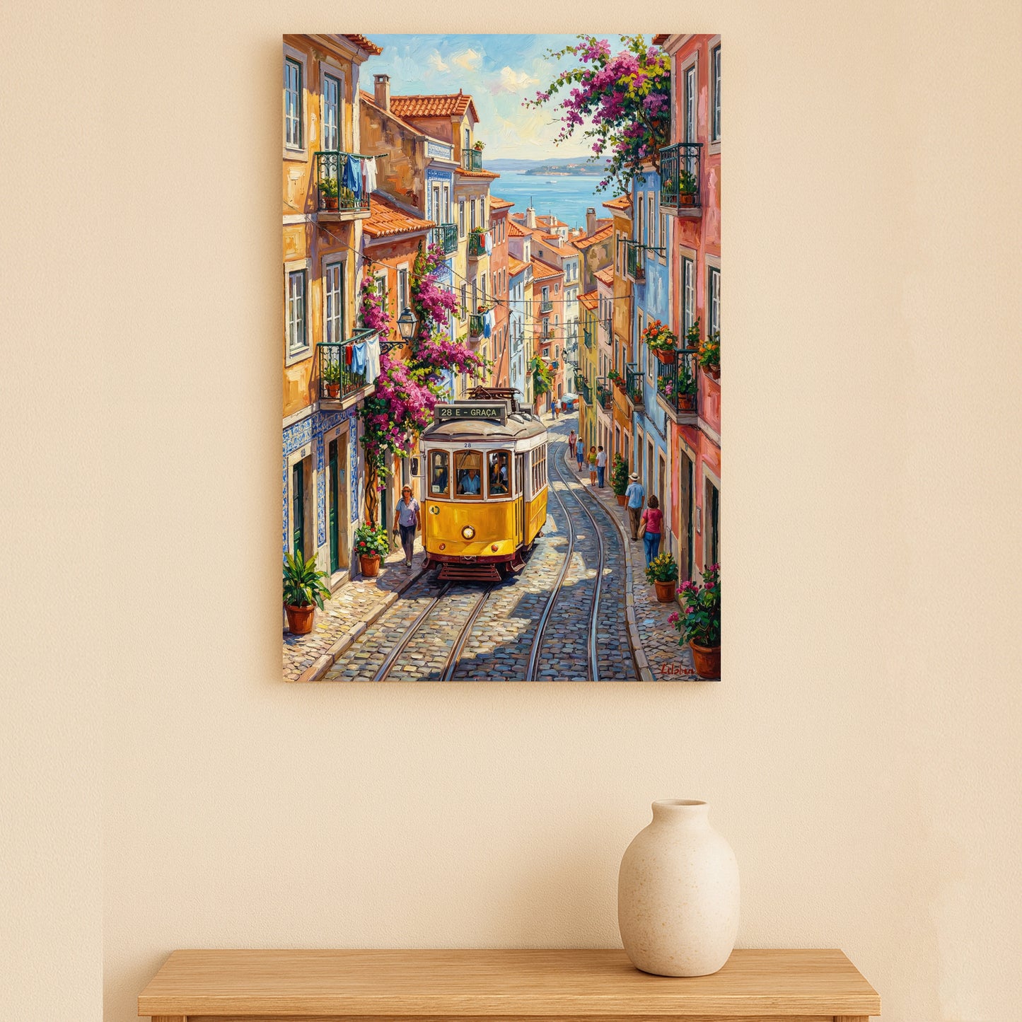 Conjunto de telas impressas de Lisboa – Arte de parede com paisagem urbana de Portugal, tríptico emoldurado