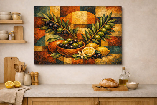 Mediterranean Harvest Olives & Citrus Still Life Canvas Rustic Kitchen Framed Wall Art.