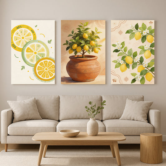 Mediterranean Lemon Wall Art Set – Citrus Tree, Slices & Botanical Branch