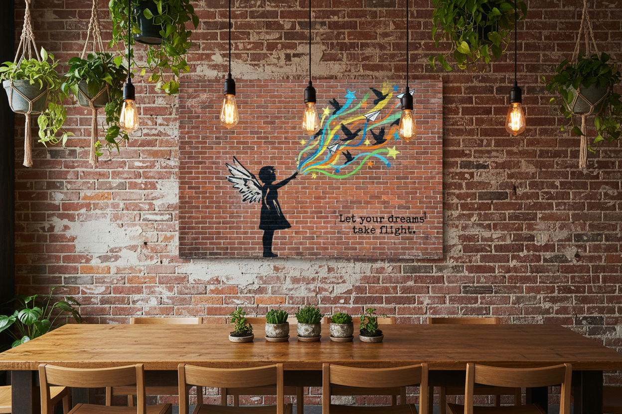 Let Your Dreams Take Flight Banksy-style graffiti canvas wall art showing a winged girl silhouette releasing colourful birds, paper planes and stars against a brick wall background - Portugal Canvas Co