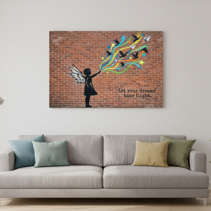 Let Your Dreams Take Flight Banksy-style graffiti canvas wall art with winged girl silhouette releasing colourful birds and paper planes displayed above a sofa in a bright modern living room - Portugal Canvas Co

