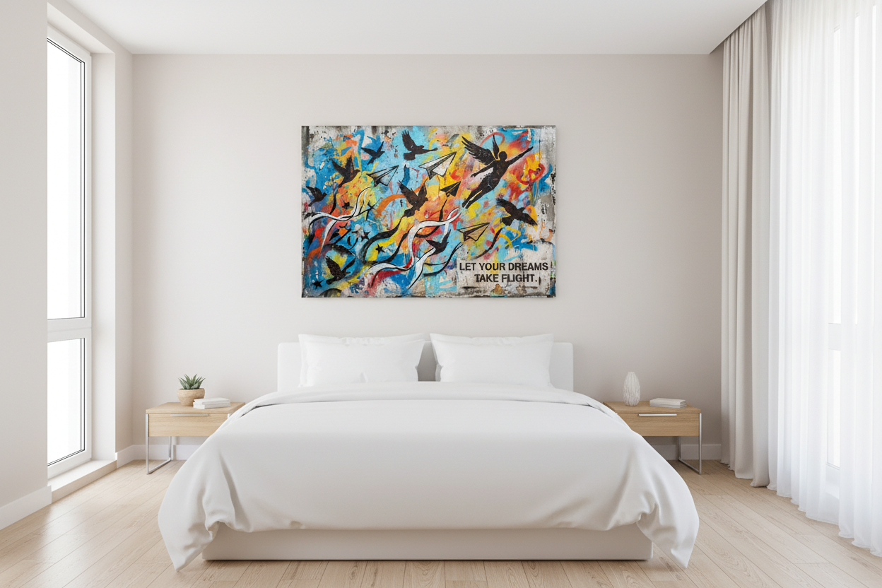 Let Your Dreams Take Flight inspirational graffiti canvas wall art with bird silhouettes, paper planes and winged figure displayed above a bed in a bright modern bedroom - Portugal Canvas Co

