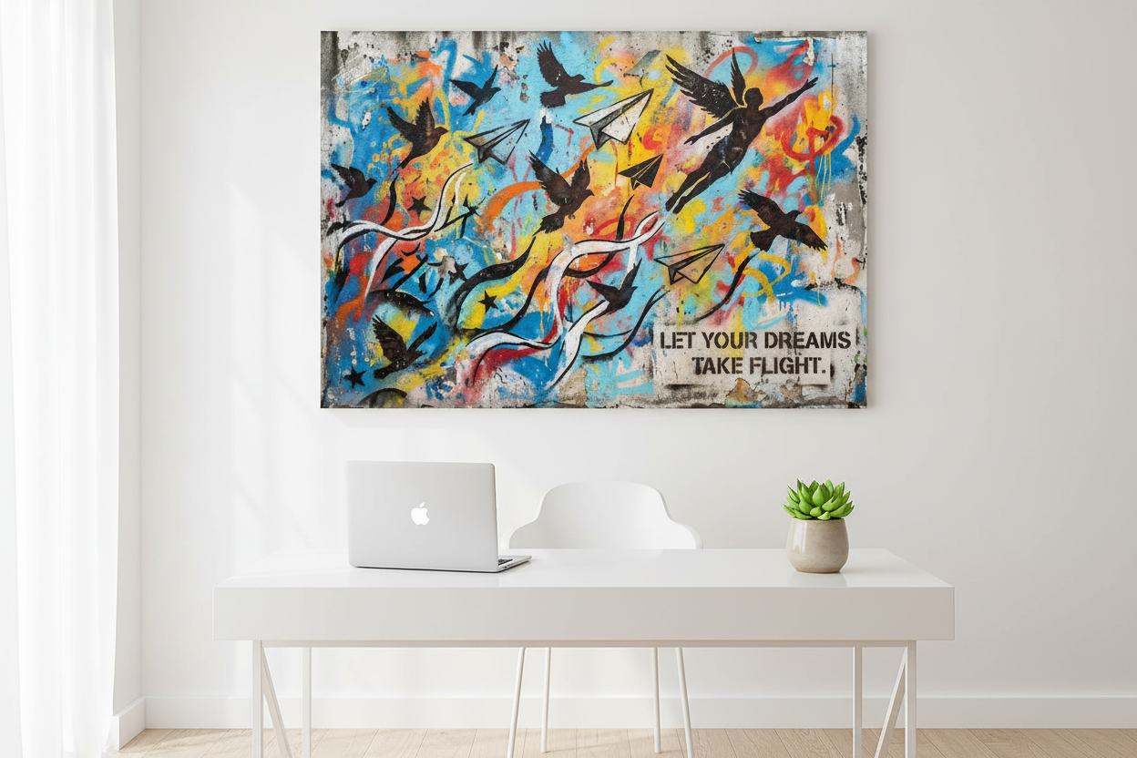 Let Your Dreams Take Flight inspirational graffiti canvas wall art with bird silhouettes, paper planes and winged figure displayed above a desk in a bright modern home office - Portugal Canvas Co
