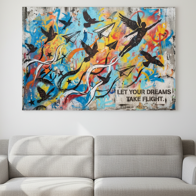 Let Your Dreams Take Flight inspirational graffiti canvas wall art with bird silhouettes, paper planes and winged figure displayed above a sofa in a bright modern living room - Portugal Canvas Co

