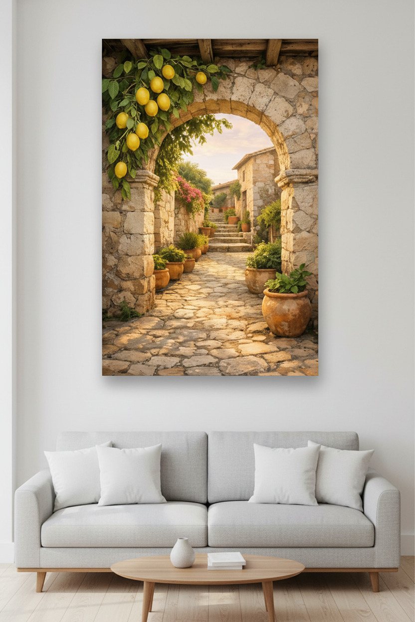 Mediterranean stone archway with lemon tree and terracotta pots canvas wall art displayed above a grey sofa in a bright modern living room - Portugal Canvas Co