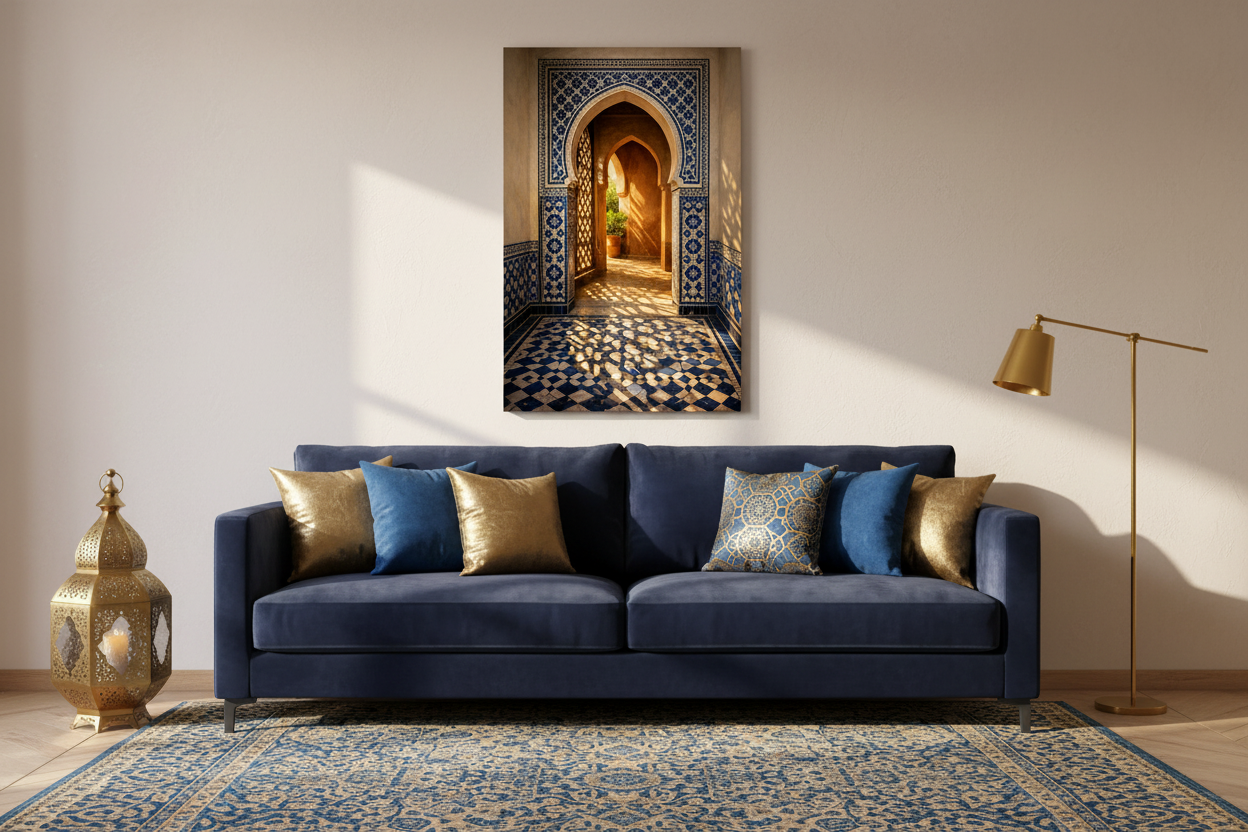Moroccan archway with cobalt blue tiles canvas wall art in Moroccan-inspired living room with navy velvet sofa and gold cushions - Portugal Canvas Co