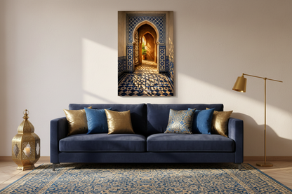 Moroccan archway with cobalt blue tiles canvas wall art in Moroccan-inspired living room with navy velvet sofa and gold cushions - Portugal Canvas Co