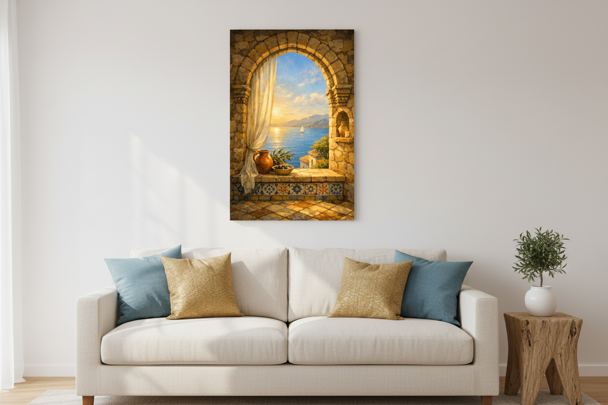 Mediterranean sunset archway with sheer curtain canvas wall art in coastal living room with cream linen sofa and ocean blue cushions - Portugal Canvas Co