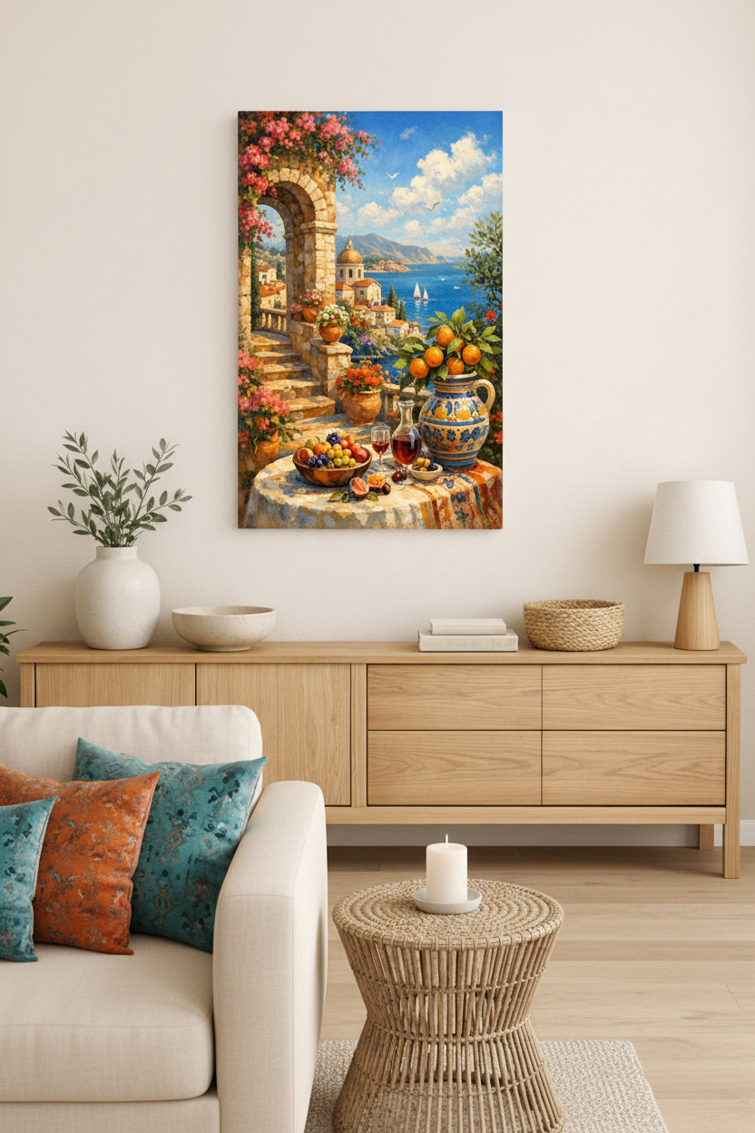 Mediterranean coastal archway canvas wall art with bougainvillea hung above a rustic wooden sideboard with terracotta pot in a warm Mediterranean interior - Portugal Canvas Co