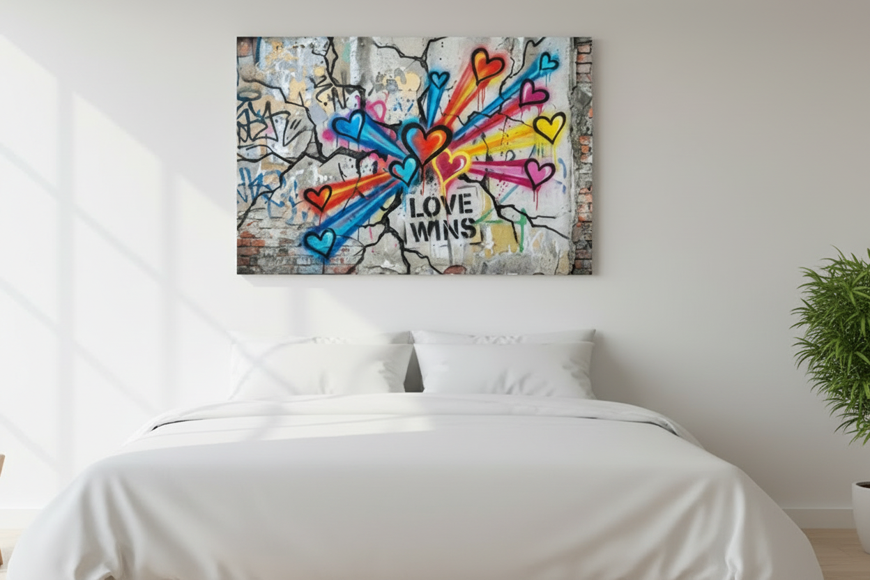 Love Wins vibrant Banksy-style graffiti canvas wall art with colourful hearts and rainbow rays displayed above a bed in a bright modern bedroom - Portugal Canvas Co