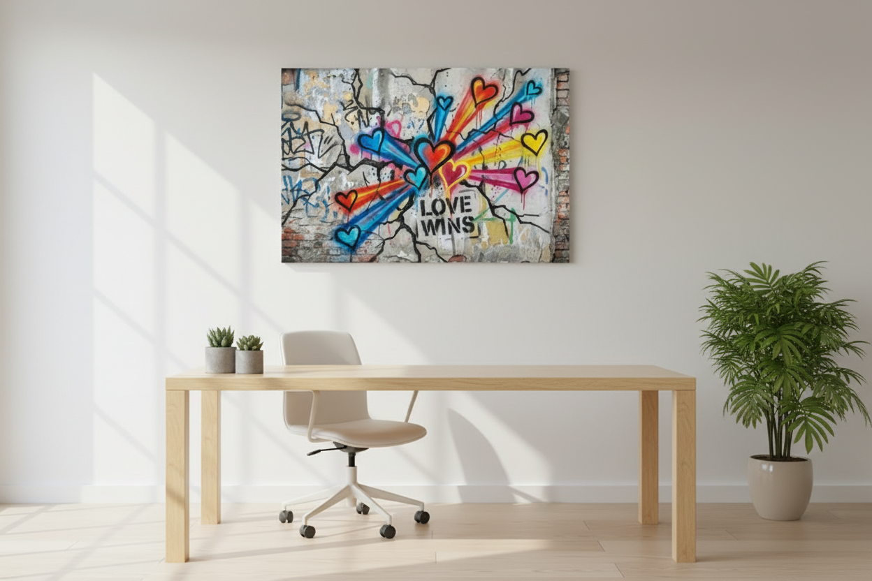Love Wins vibrant Banksy-style graffiti canvas wall art with colourful hearts and rainbow rays displayed above a desk in a modern home office - Portugal Canvas Co