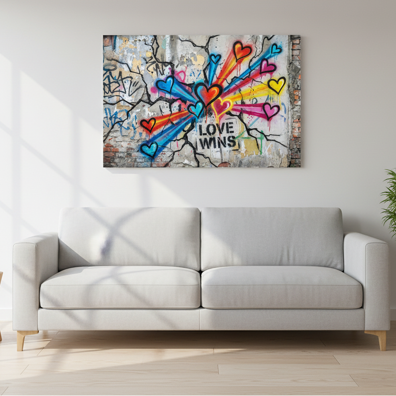 Love Wins vibrant Banksy-style graffiti canvas wall art with colourful hearts in red, pink, blue and yellow bursting outward with rainbow rays and bold stencil text on a cracked brick wall background - Portugal Canvas Co