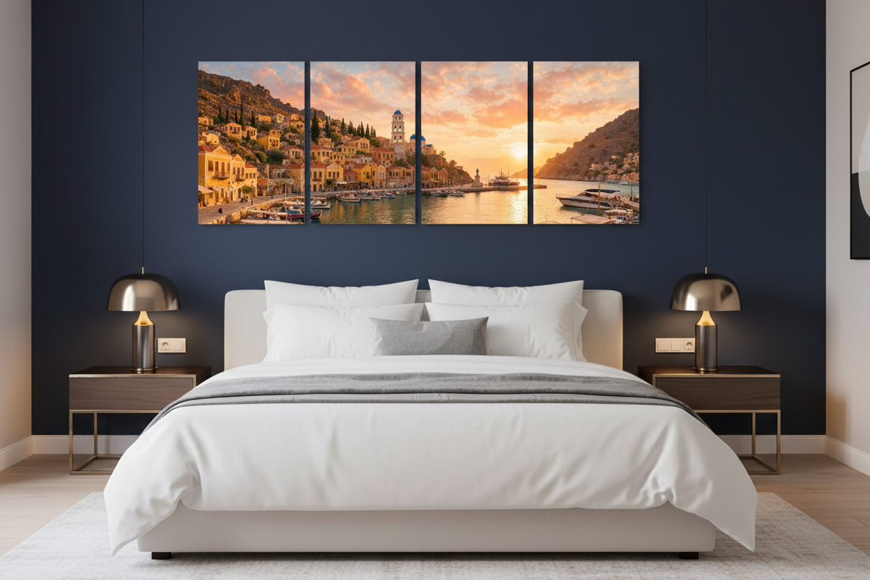 Symi harbour sunset four-panel canvas wall art displayed on a deep navy feature wall in a luxury contemporary bedroom - Portugal Canvas Co