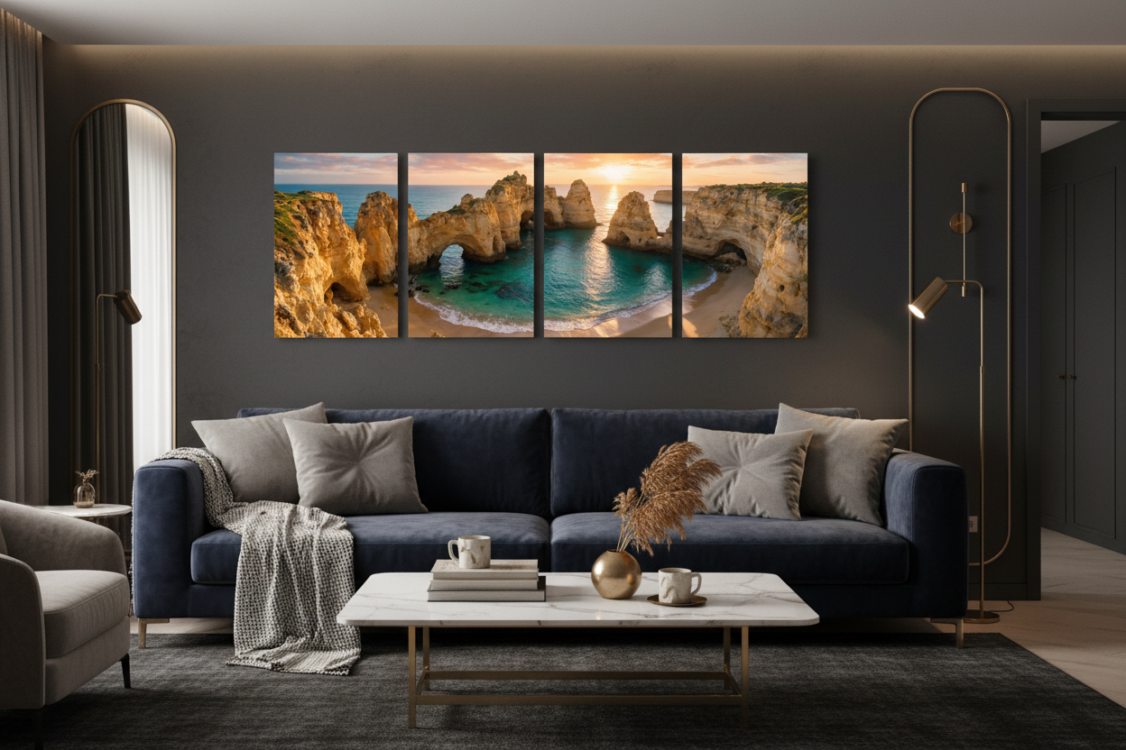 Ponta da Piedade Algarve sunset four panel canvas wall art displayed above a navy velvet sofa in a sophisticated dark living room with brass and marble accents - Portugal Canvas Co