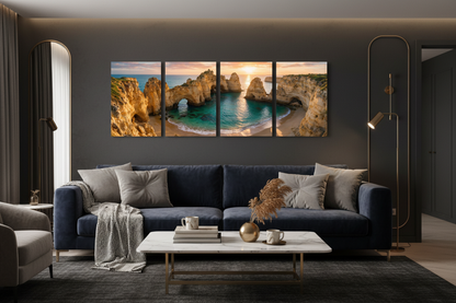 Ponta da Piedade Algarve sunset four panel canvas wall art displayed above a navy velvet sofa in a sophisticated dark living room with brass and marble accents - Portugal Canvas Co