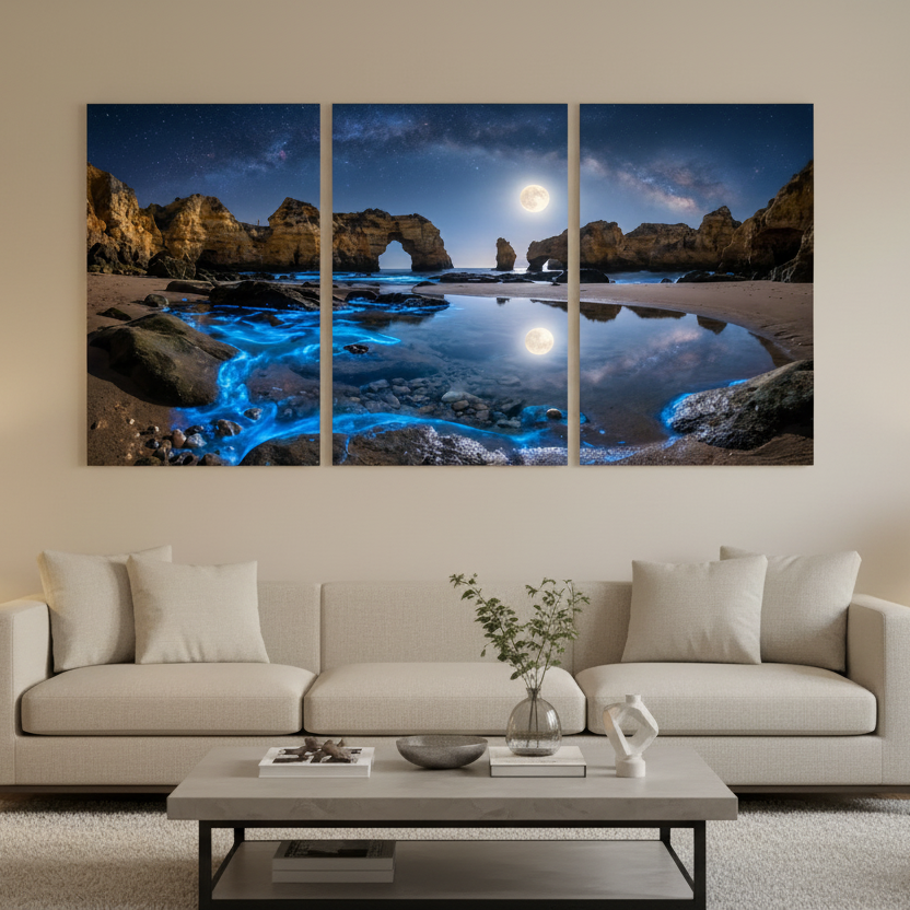 Algarve bioluminescent moonlit beach triptych canvas wall art displayed above a cream sofa in a luxury modern living room with warm neutral tones - Portugal Canvas Co