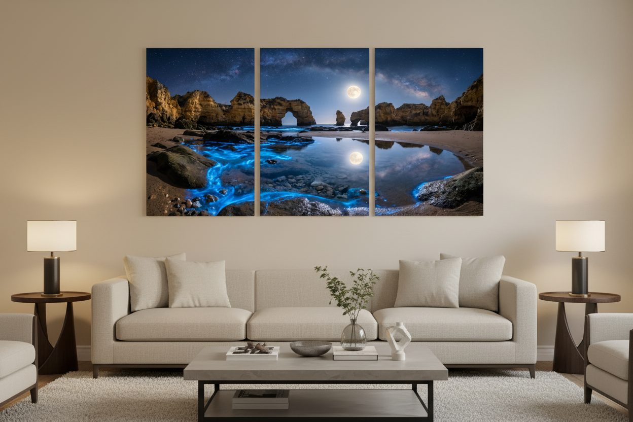 Algarve moonlit bioluminescent beach triptych canvas wall art displayed above a sofa in a bright minimalist living room - Portugal Canvas Co