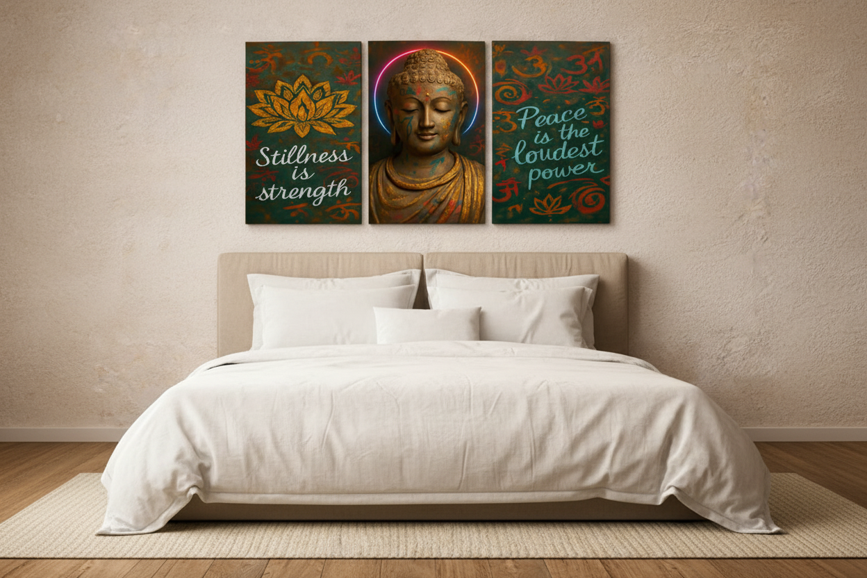 Buddha meditation peace and stillness triptych canvas wall art with lotus flower and inspirational quotes displayed above a king bed in a calm neutral bedroom - Portugal Canvas Co

