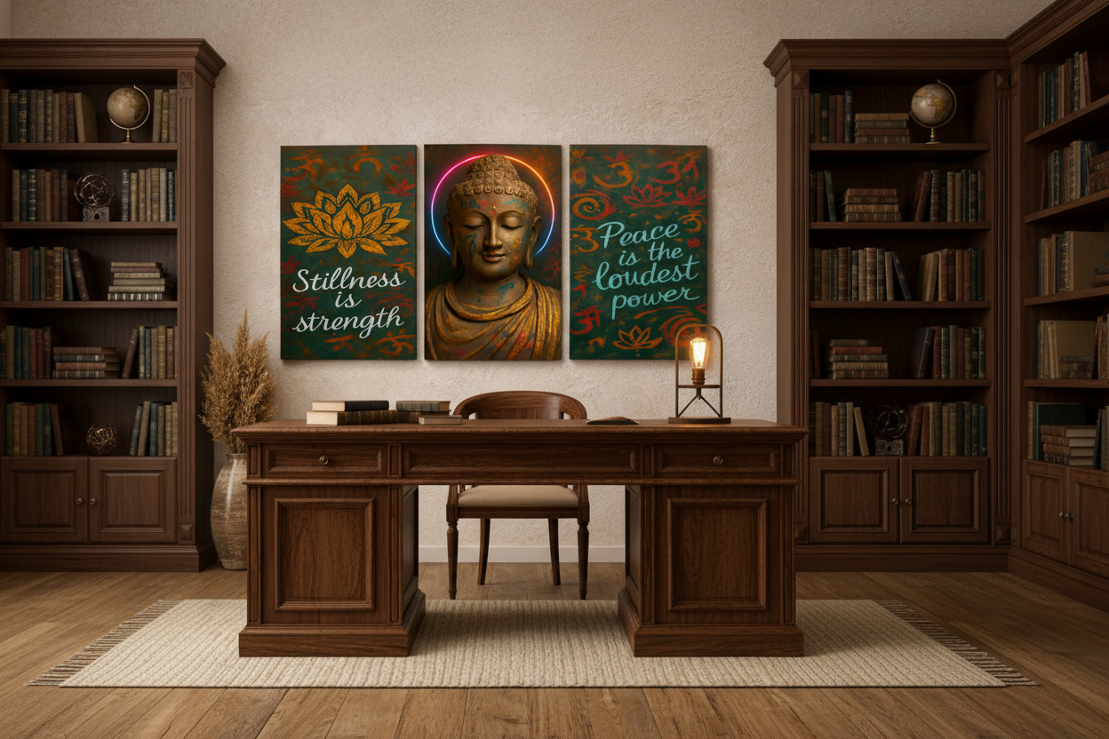 Buddha meditation peace and stillness triptych canvas wall art with lotus flower and inspirational quotes displayed above a desk in a moody home office with warm lighting - Portugal Canvas Co