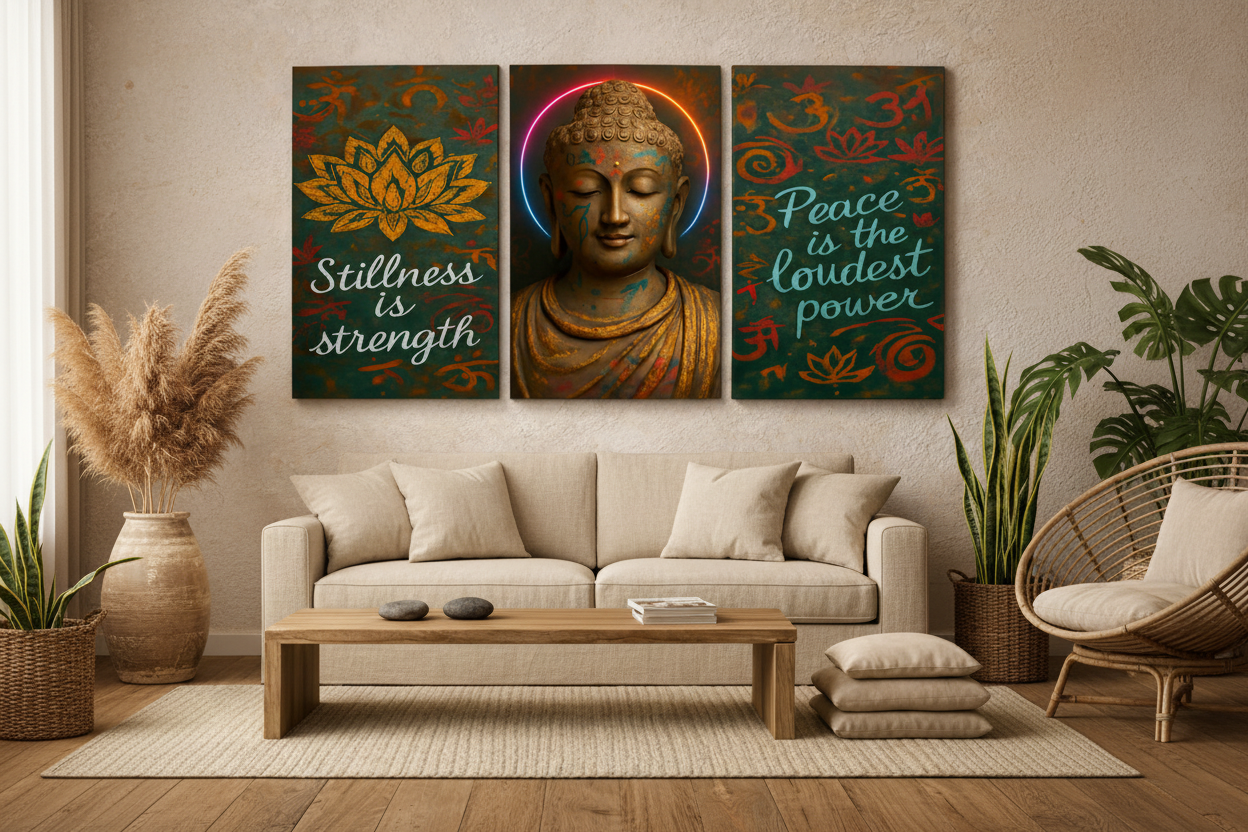 Buddha meditation peace and stillness triptych canvas wall art with lotus flower and inspirational quotes displayed above a sofa in a calm boho living room - Portugal Canvas Co