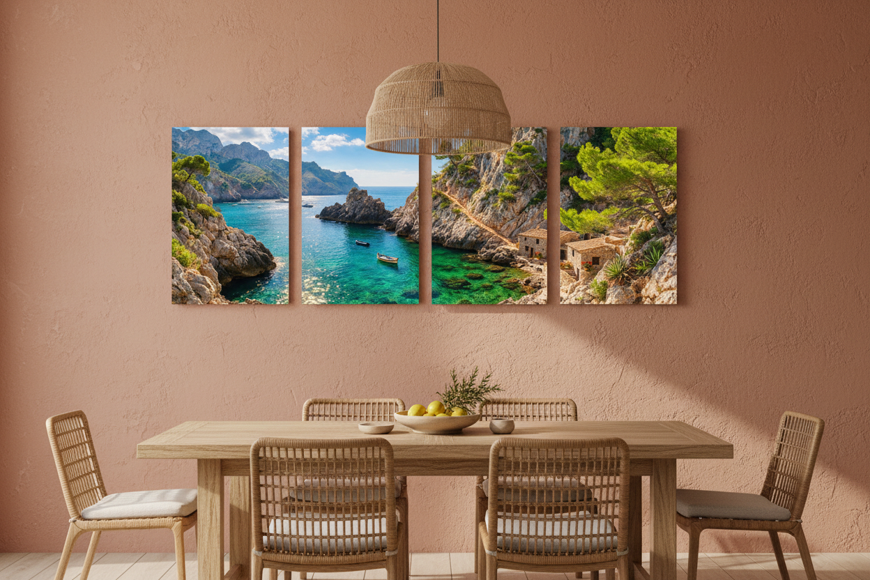 Hidden Mediterranean cove four-panel canvas wall art displayed on a terracotta wall in a Mediterranean-style dining room with rattan chairs - Portugal Canvas Co
