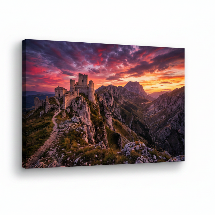 Mediterranean mountain castle sunset landscape canvas wall art on white background - Portugal Canvas Co