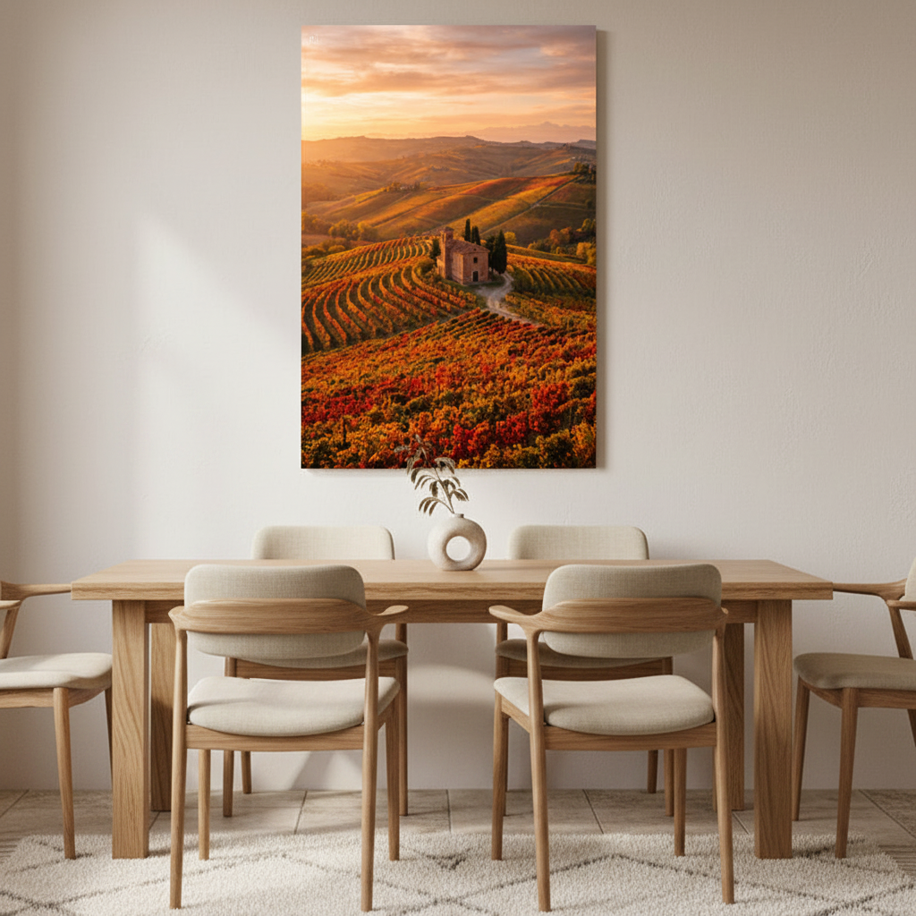 Mediterranean vineyard sunset canvas wall art displayed in dining room interior - Portugal Canvas Co