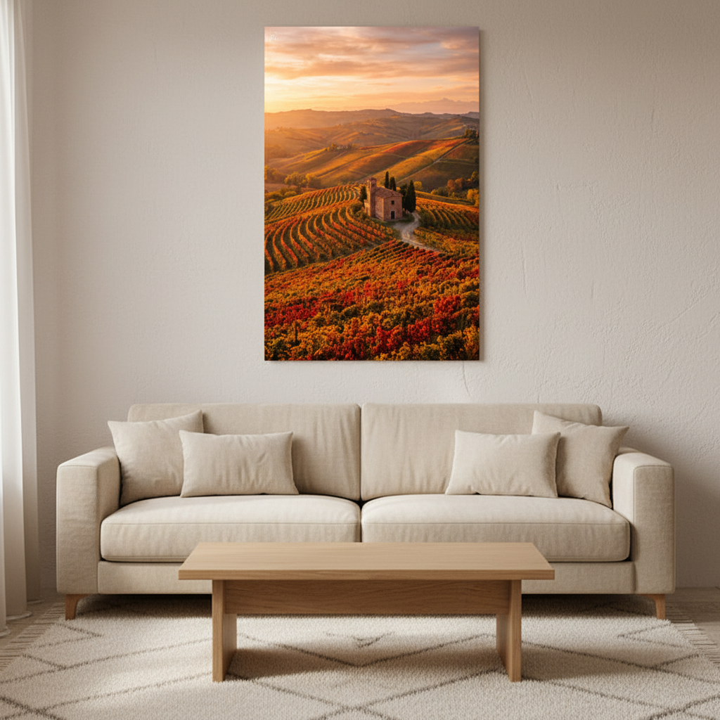 Mediterranean vineyard sunset canvas wall art displayed in modern living room interior - Portugal Canvas Co