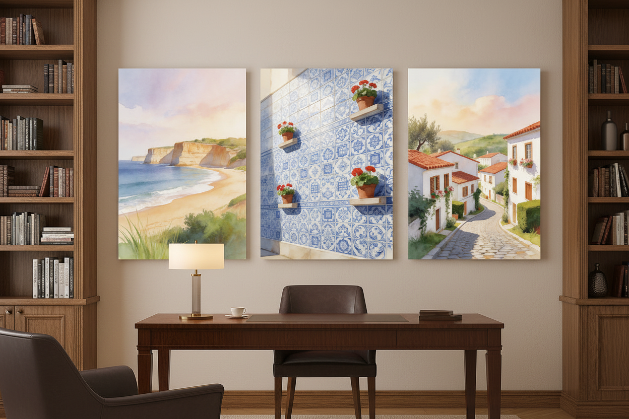 Mediterranean Wall Art displayed in a sophisticated home study with dark wood desk and warm lighting - Portugal Canvas Co
