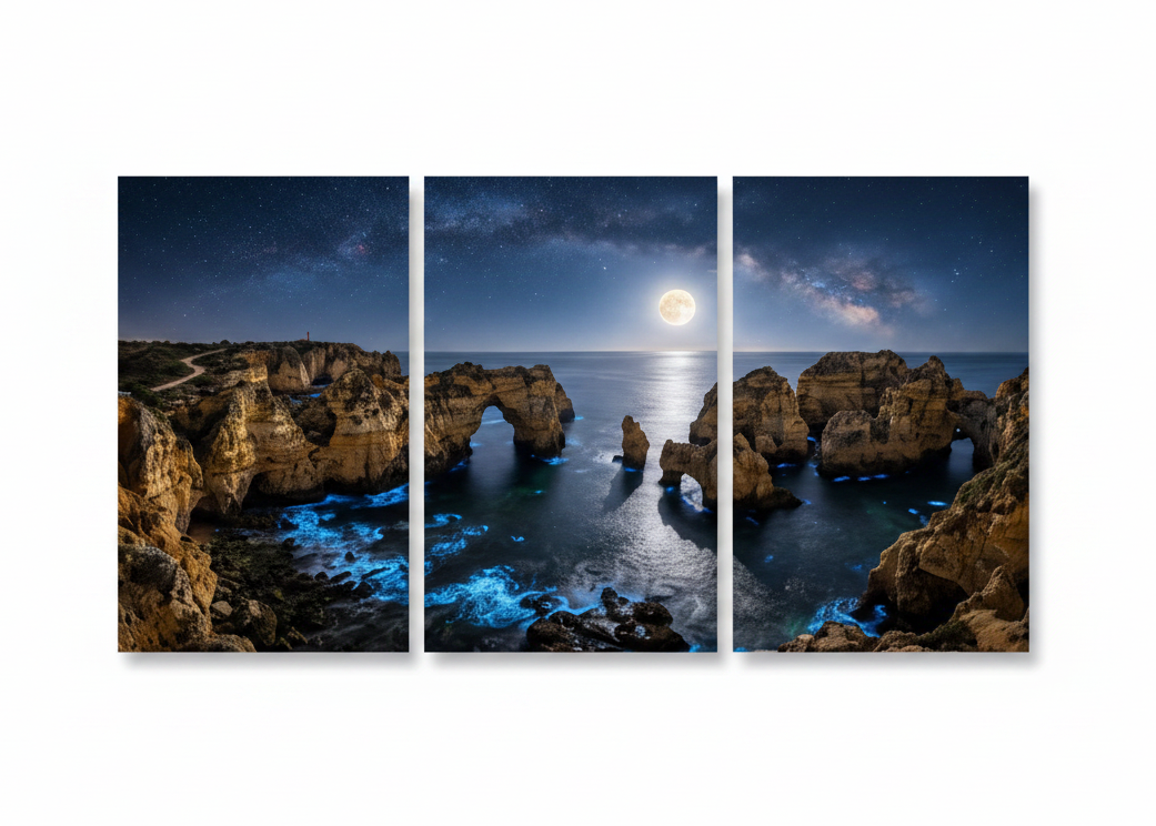 Moonlit Algarve coast triptych night seascape canvas wall art on white background - Portugal Canvas Co
