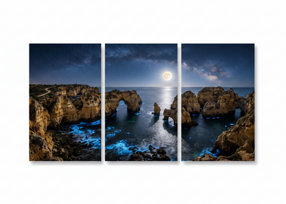 Moonlit Algarve coast triptych night seascape canvas wall art on white background - Portugal Canvas Co