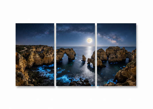 Moonlit Algarve coast triptych night seascape canvas wall art on white background - Portugal Canvas Co