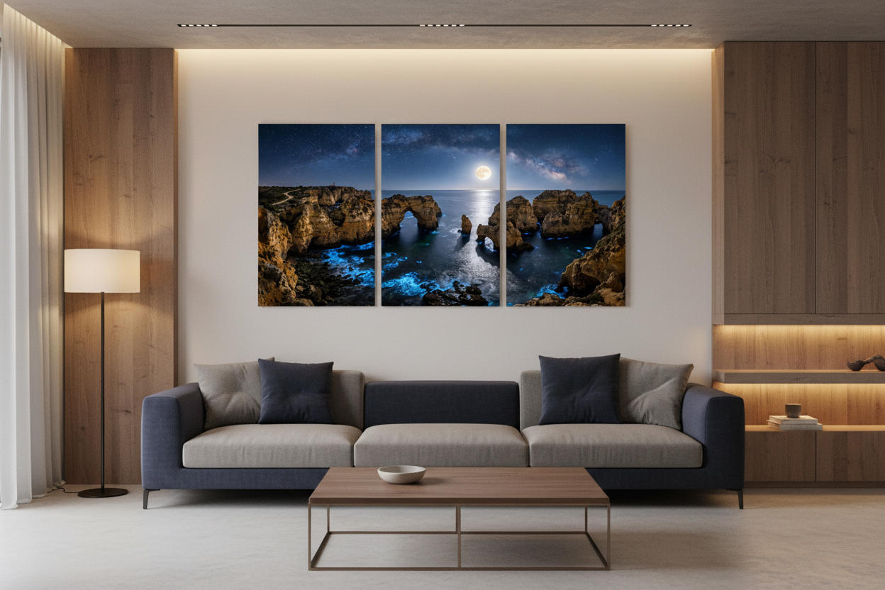 Moonlit Algarve coast triptych canvas wall art displayed in a modern living room – framed 3 panel set with sea arches, bioluminescent waves and full moon, Portugal Canvas Co