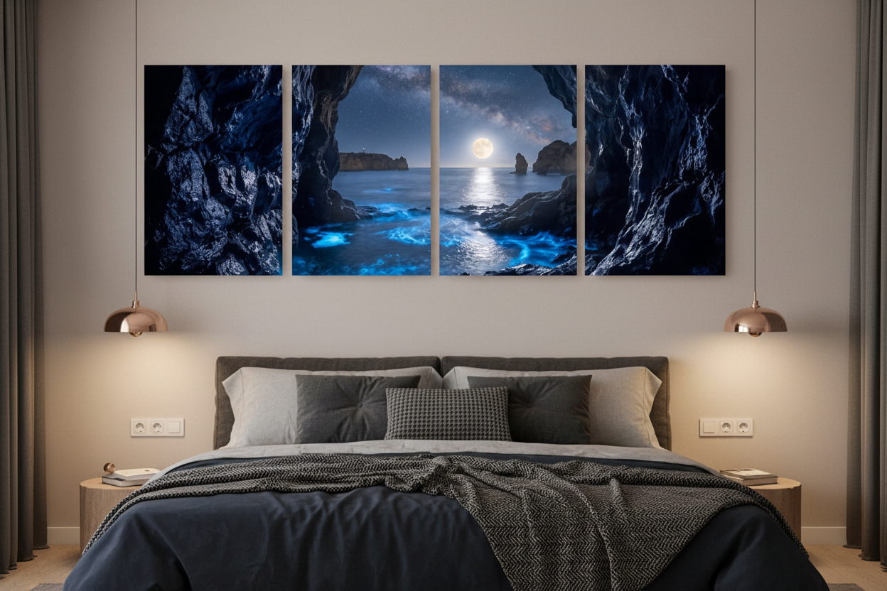 Moonlit sea cave four-panel canvas wall art displayed above bed in moody modern bedroom with dark bedding and warm ambient lighting - Portugal Canvas Co