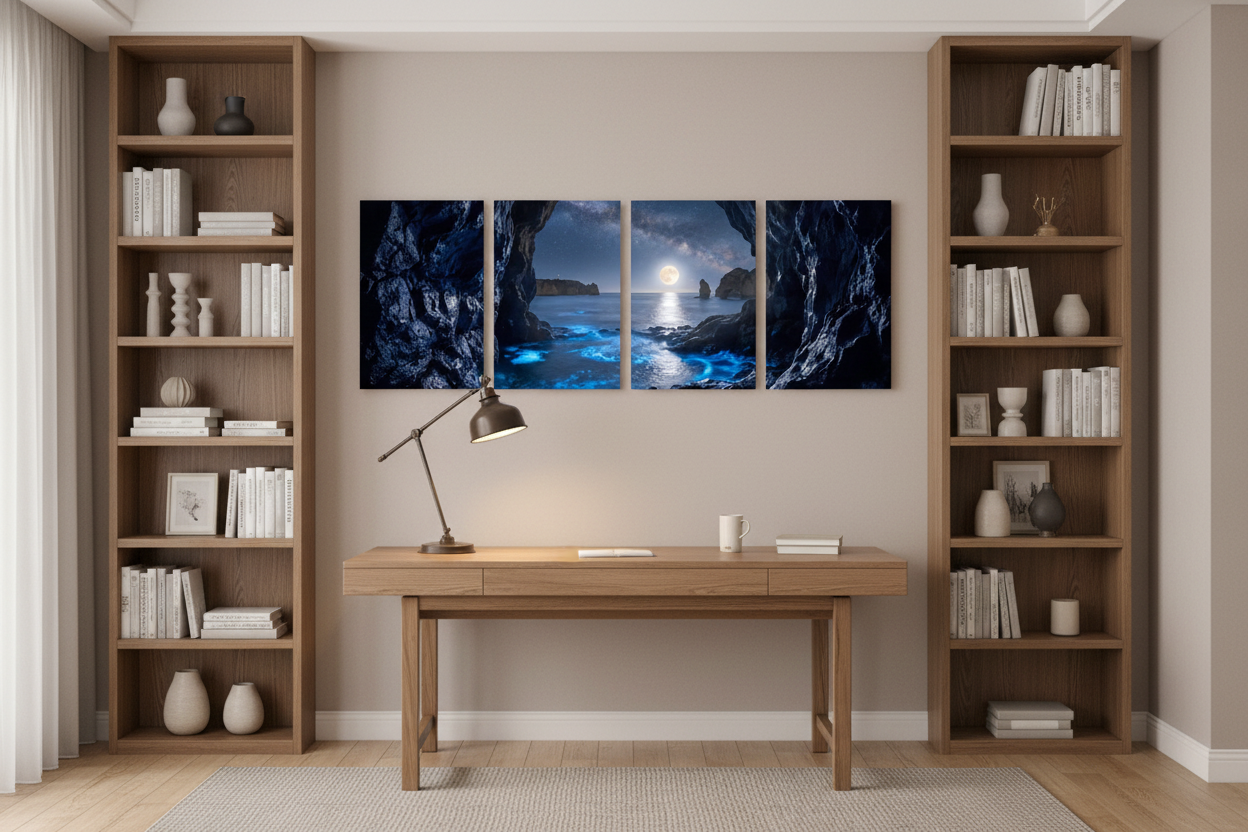 Moonlit sea cave four-panel canvas wall art displayed above wooden desk in stylish home study with warm lamp light and bookshelves - Portugal Canvas Co