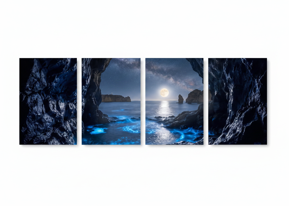 Moonlit sea cave four-panel canvas wall art set on white background, bioluminescent blue ocean waves glowing under full moon with starry night sky and dramatic rock formations - Portugal Canvas Co