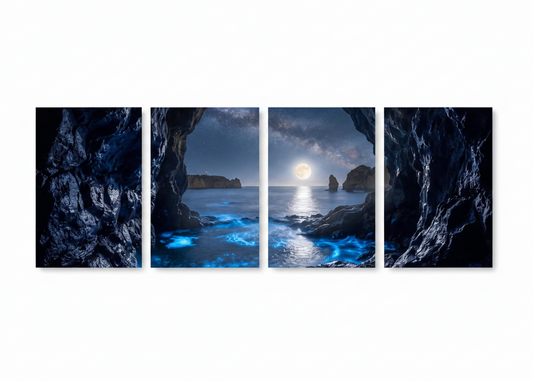 Moonlit sea cave four-panel canvas wall art set on white background, bioluminescent blue ocean waves glowing under full moon with starry night sky and dramatic rock formations - Portugal Canvas Co
