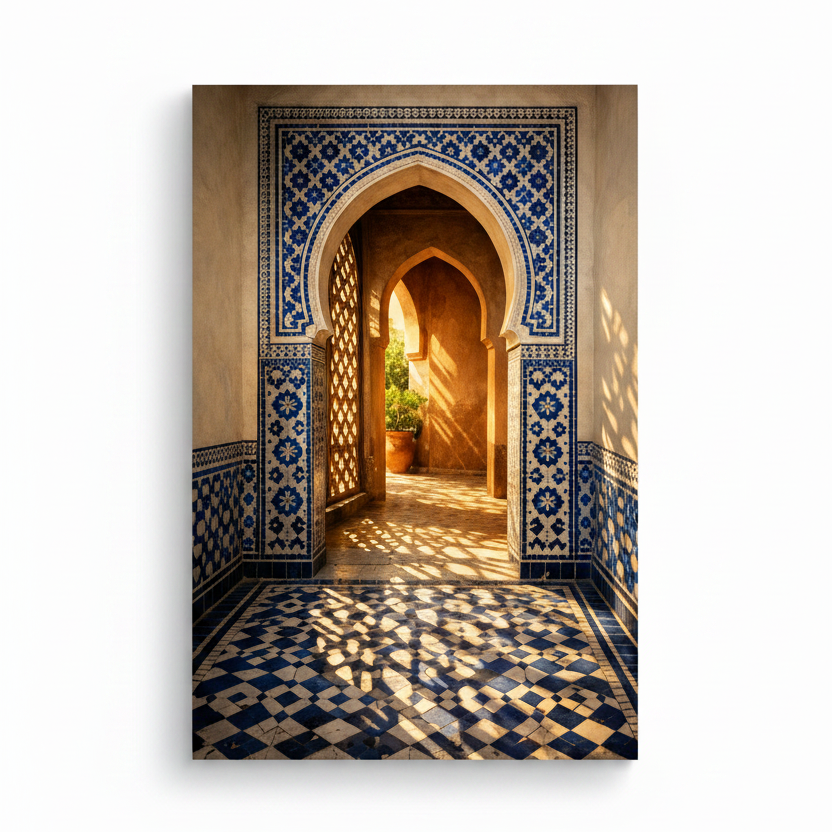Moroccan archway with cobalt blue tiles and golden amber walls canvas wall art on white background - Portugal Canvas Co