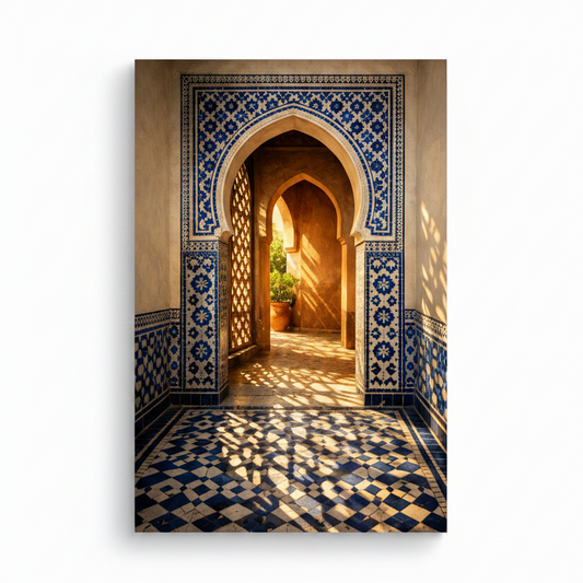 Moroccan archway with cobalt blue tiles and golden amber walls canvas wall art on white background - Portugal Canvas Co