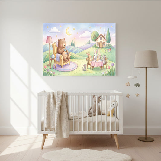 Storybook nursery wall art showing a bear, rabbits, and a mouse having tea in a pastel countryside scene with hills, trees, stars, and a crescent moon above a white crib.
