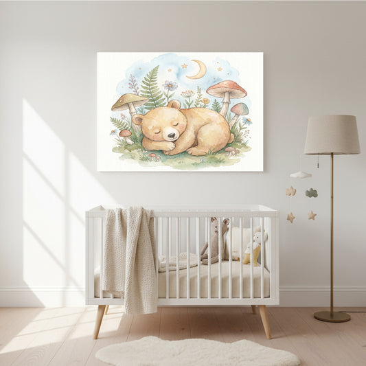 Watercolor nursery wall art of a sleeping baby bear surrounded by mushrooms, ferns, flowers, stars, and a crescent moon above a white crib in a softly lit nursery.