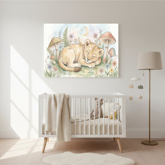 Watercolor nursery wall art of a sleeping baby lion cub surrounded by flowers, ferns, mushrooms, stars, and a crescent moon above a white crib in a softly lit nursery.