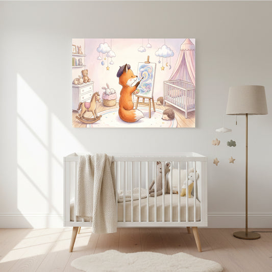 Colorful nursery wall art of a cheerful lion flying a fish‑shaped kite in a whimsical landscape with hills, houses, flowers, and rabbits above a white crib.
