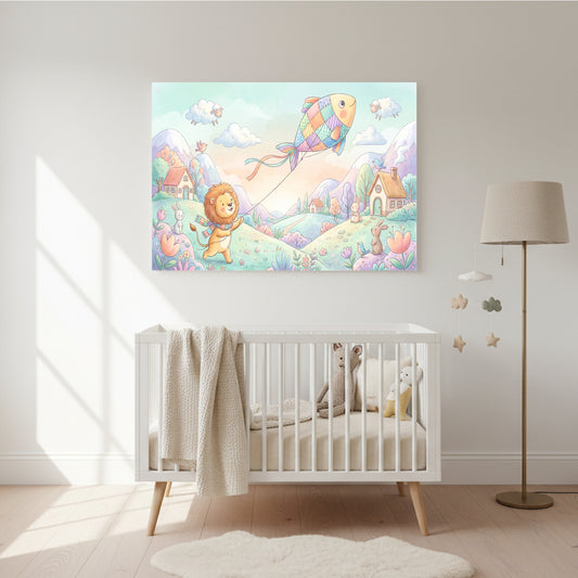 Colorful nursery wall art of a cheerful lion flying a fish‑shaped kite in a whimsical landscape with hills, houses, flowers, and rabbits above a white crib.