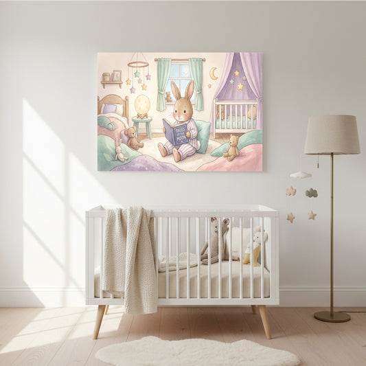 Whimsical nursery wall art of a rabbit in pajamas reading a bedtime book on a cozy bed with toys, pillows, curtains, stars, and moon motifs above a white crib.