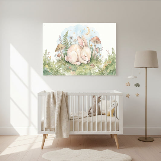 Watercolor nursery wall art of a sleeping baby rabbit surrounded by greenery, mushrooms, ferns, flowers, stars, and a crescent moon above a white crib in a softly lit nursery.