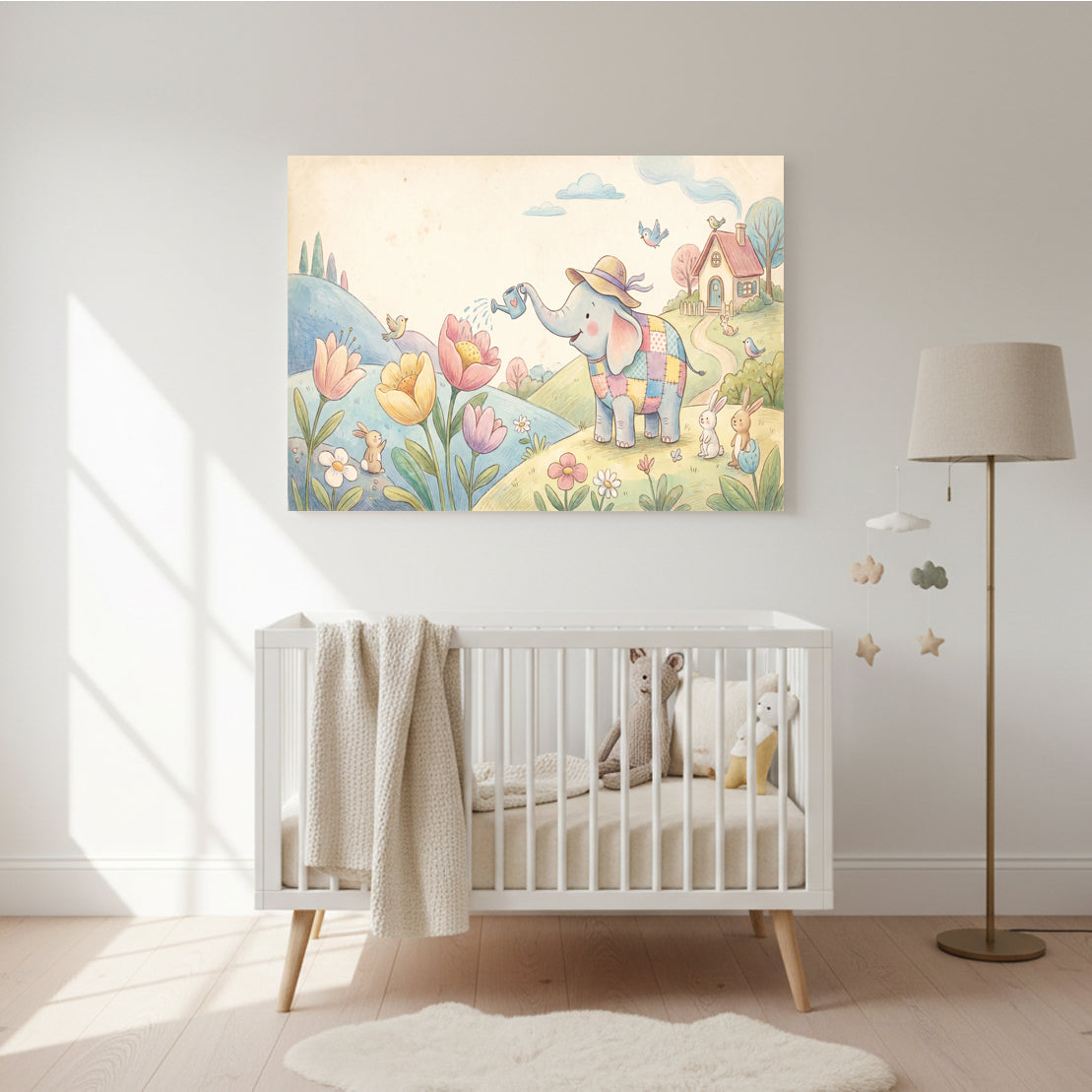 Colorful nursery wall art of an elephant in a patchwork outfit watering flowers in a whimsical meadow with hills, trees, birds, rabbits, and a small house above a white crib.